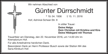 Traueranzeige von Günter Dürrschmidt von Frankenpost