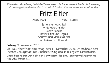 Traueranzeige von Fritz Eifler von Neue Presse Coburg