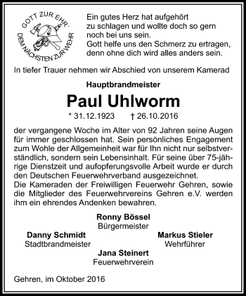 Traueranzeige von Paul Uhlworm von Südthüringer Presse