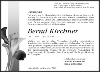 Traueranzeige von Bernd Kirchner von Südthüringer Presse