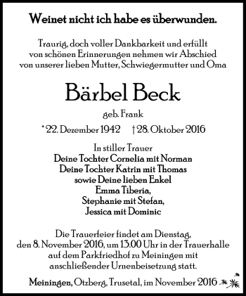 Traueranzeige von Bärbel Beck von Südthüringer Presse