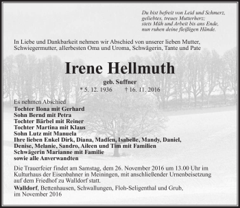 Traueranzeige von Irene Hellmuth von Südthüringer Presse