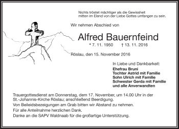 Traueranzeige von Alfred Bauernfeind von Frankenpost