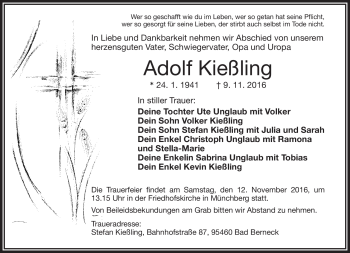 Traueranzeige von Adolf Kießling von Frankenpost