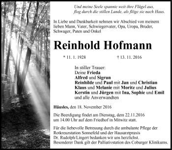 Traueranzeige von Reinhold Hofmann von Neue Presse Coburg