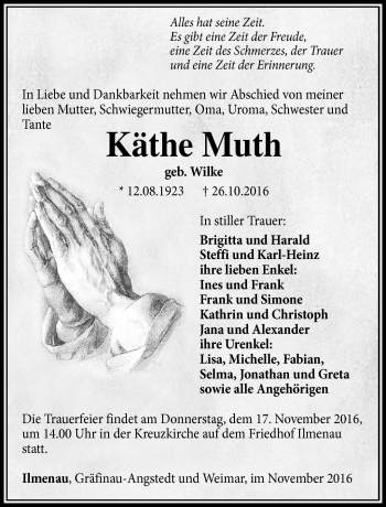 Traueranzeige von Käthe Muth von Südthüringer Presse