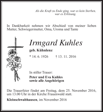 Traueranzeige von Irmgard Kuhles von Südthüringer Presse