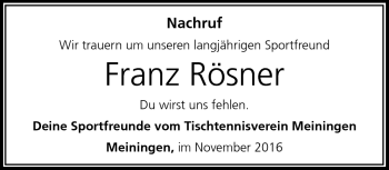 Traueranzeige von Franz Rösner von Südthüringer Presse