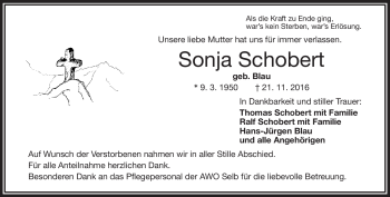 Traueranzeige von Sonja Schobert von Frankenpost