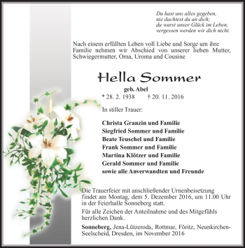 Traueranzeige von Hella Sommer von Südthüringer Presse