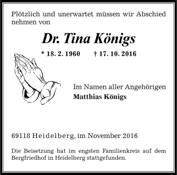 Traueranzeige von Tina Königs von Frankenpost