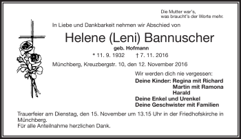 Traueranzeige von Helene Bannuscher von Frankenpost