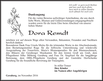 Traueranzeige von Dora Remdt von Südthüringer Presse