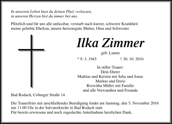 Traueranzeige von Ilka Zimmer von Neue Presse Coburg