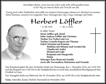 Traueranzeige von Herbert Löffler von Südthüringer Presse