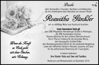 Traueranzeige von Roswitha Gänßler von Südthüringer Presse