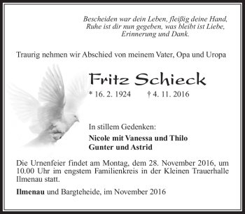 Traueranzeige von Fritz Schieck von Südthüringer Presse
