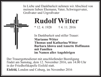 Traueranzeige von Rudolf Witter von Südthüringer Presse