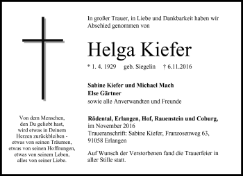 Traueranzeige von Helga Kiefer von Neue Presse Coburg