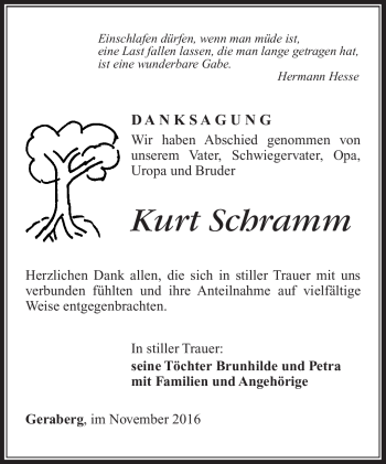 Traueranzeige von Kurt Schramm von Südthüringer Presse