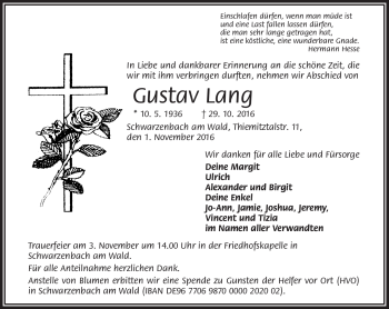 Traueranzeige von Gustav Lang von Frankenpost