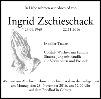 Traueranzeige von Ingrid Zschieschack von Neue Presse Coburg