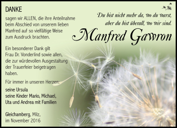 Traueranzeige von Manfred Gawron von Südthüringer Presse