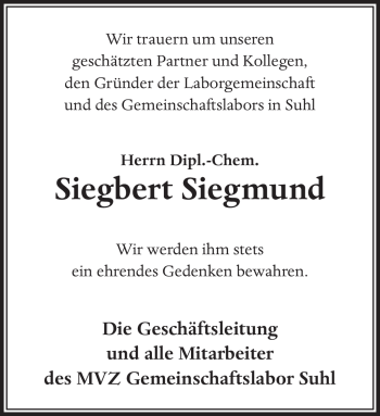 Traueranzeige von Siegbert Siegmund von Südthüringer Presse