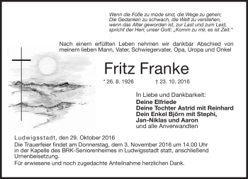 Traueranzeige von Fritz Franke von Neue Presse Coburg