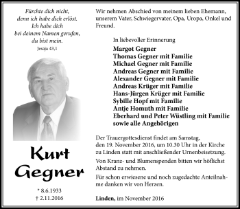 Traueranzeige von Kurt Gegner von Südthüringer Presse