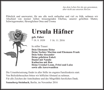 Traueranzeige von Ursula Häfner von Südthüringer Presse