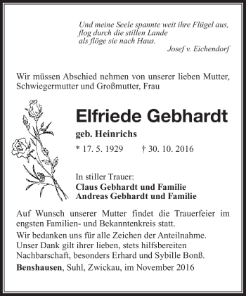 Traueranzeige von Elfriede Gebhardt von Südthüringer Presse