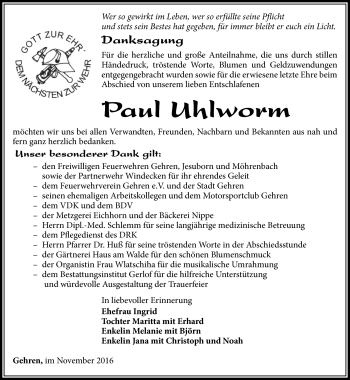 Traueranzeige von Paul Uhlworm von Südthüringer Presse