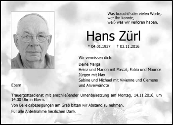 Traueranzeige von Hans Zürl von Neue Presse Coburg