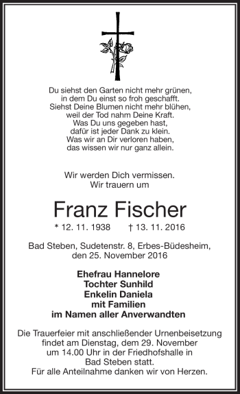 Traueranzeige von Franz Fischer von Frankenpost