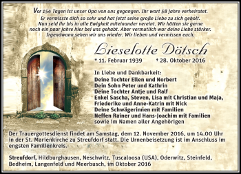 Traueranzeige von Lieselotte Dötsch von Südthüringer Presse