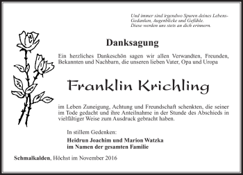 Traueranzeige von Franklin Krichling von Südthüringer Presse