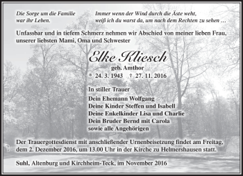 Traueranzeige von Elke Kliesch von Südthüringer Presse