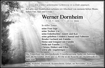 Traueranzeige von Werner Dornheim von Südthüringer Presse