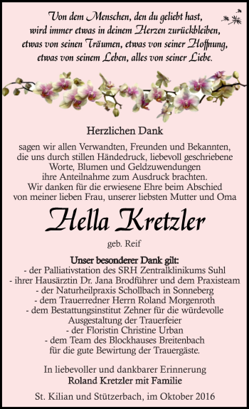 Traueranzeige von Hella Kretzler von Südthüringer Presse