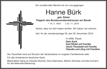 Traueranzeige von Hanne Bürk von Frankenpost