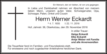 Traueranzeige von Werner Eckardt von Frankenpost