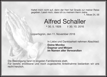 Traueranzeige von Alfred Schaller von Frankenpost