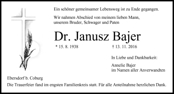 Traueranzeige von Janusz Bajer von Frankenpost
