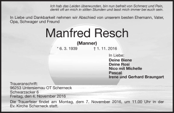 Traueranzeige von Manfred Resch von Neue Presse Coburg