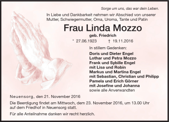 Traueranzeige von Linda Mozzo von Neue Presse Coburg