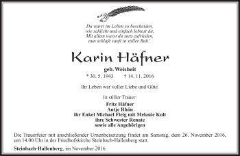 Traueranzeige von Karin Häfner von Südthüringer Presse