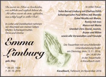 Traueranzeige von Emma Limburg von Südthüringer Presse