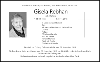 Traueranzeige von Gisela Rebhan von Neue Presse Coburg