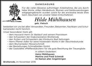 Traueranzeige von Hilde Mühlhausen von Südthüringer Presse
